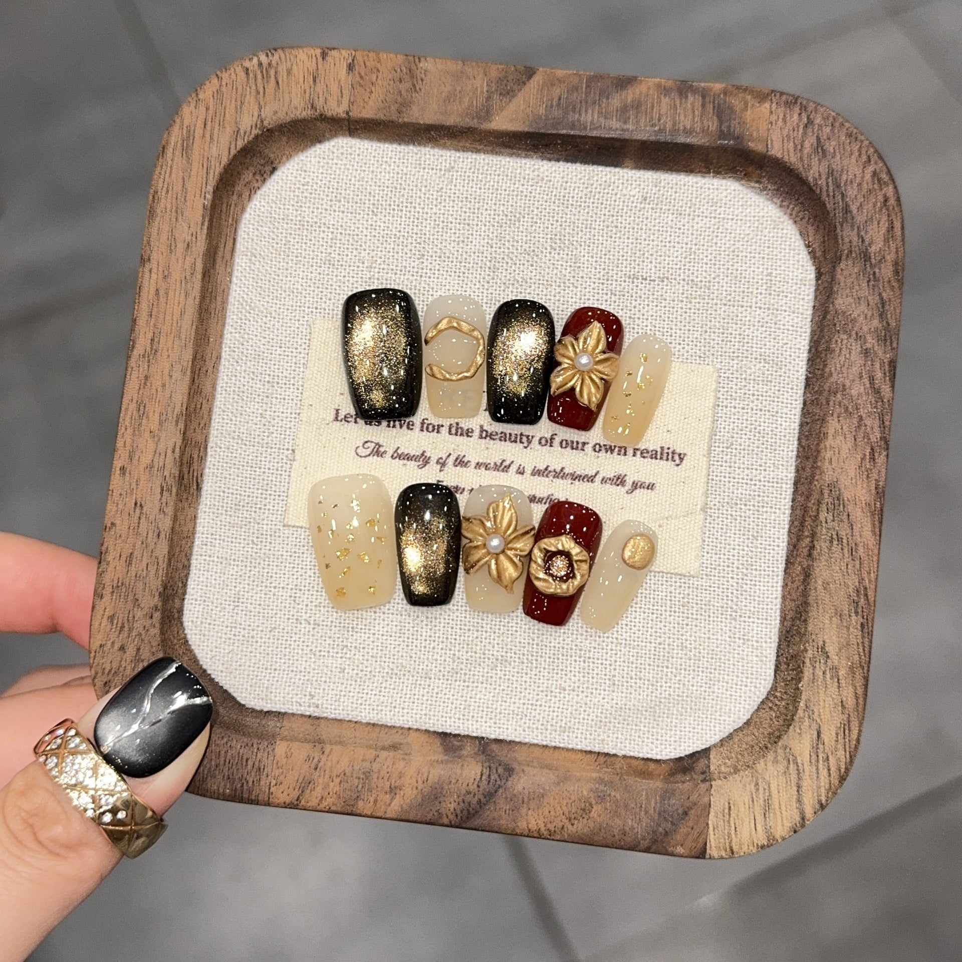 Gilded Noir Floral Press-On Nails